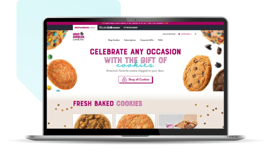 Screenshot of Great American Cookies homepage displayed in a laptop